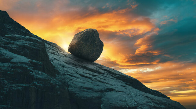 Dramatic sunset over a mountain landscape featuring a rocky boulder at the edge of a cliff