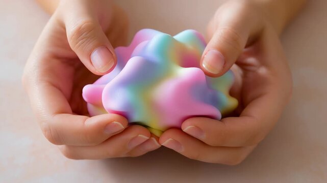 Oddly Satisfying ASMR Video of Hands Squeezing a Soft Rainbow Pastel Squishy Toy for Stress Relief.