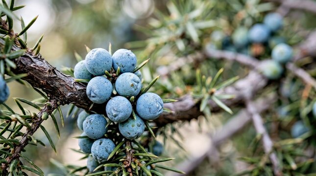 Juniper Berries on Spiky Green Branches, Forest Background, Nature Photography Juniper Berries Juniper Fruits