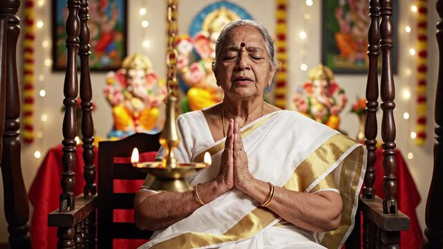 Elderly Indian woman in traditional attire praying with folded hands on a swing, surrounded by Ganesha idols and festive lights, conveying devotion and spirituality