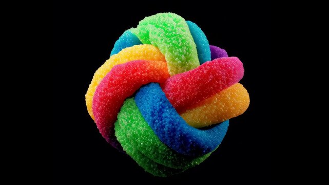 3D Animation Video of Colorful Sugar Coated Candy Knot Rotating on Black Background.