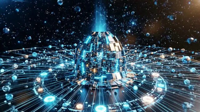 Futuristic digital globe with glowing network connections and data exchange.