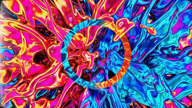 Psychedelic shapes creating an iridescent visual. Glowing lines intertwining, forming a mesmerizing pattern with a central ring.