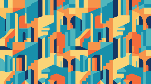 Abstract geometric cityscape pattern with colorful buildings and dynamic shapes, creating a modern seamless urban background.