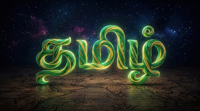 Glowing green and yellow neon sign on a wooden surface with a starry night sky background