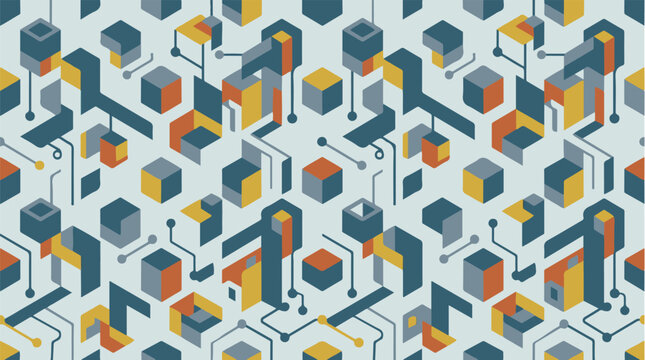 Seamless isometric city pattern with buildings, roads, and urban elements arranged in a geometric modern vector style.