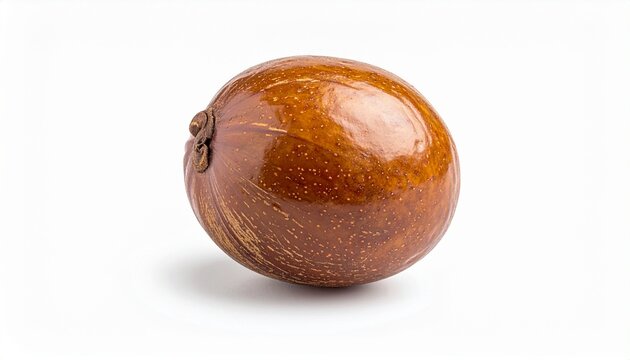A single whole nutmeg seed with brown skin and a stem on a white background