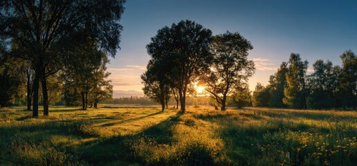 Naklejka premium Golden sunrise illuminates a meadow dotted with trees and wild flowers
