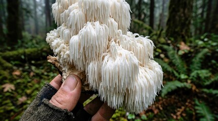 Naklejka premium Lion's Mane Mushroom in Forest Handheld Foraging Nature Stock Photo Medicinal Herbs and Wild Edibles