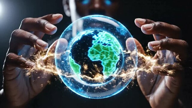 A person holding a glowing globe with energy.