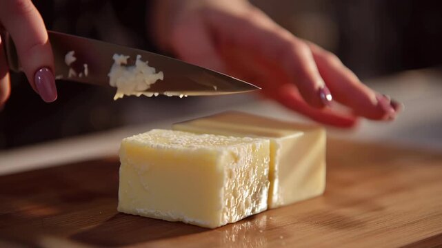 Oddly Satisfying ASMR Video of Sharp Knife Slicing Through a Block of Butter on a Wooden Cutting Board.