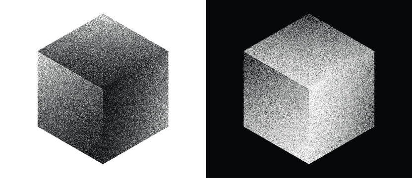 Isometric cube illustrated in stipple dotwork style with dot density shading across three faces on white and black backgrounds, monochrome vector icon set.