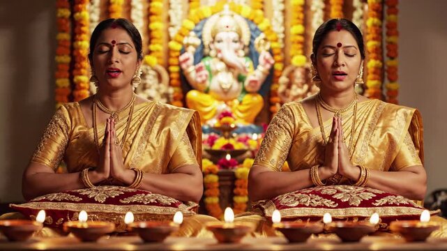 Two Indian women praying with hands clasped in namaste gesture before Ganesha idol, traditional Diwali celebration, prayer and devotion, serene atmosphere, religious ritual