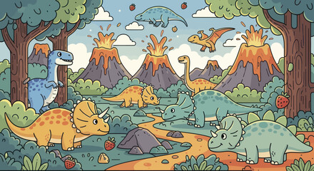 Cartoon Dinosaurs Roaming Prehistoric Landscape with Volcanoes and Lush Vegetation. © Berkah