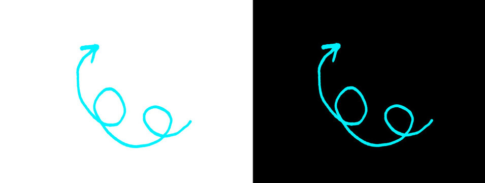 Neon Cyan Loopy Swirl Curved Arrow on White and Black Background