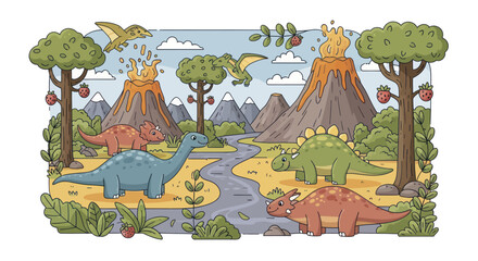 Cartoon Dinosaurs Roaming Prehistoric Landscape with Volcanoes and Trees. © Berkah