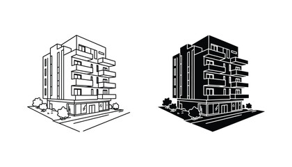 Fototapeta premium Modern residential apartment building exterior perspective in clean isometric architectural line art and solid black block style for real estate development branding