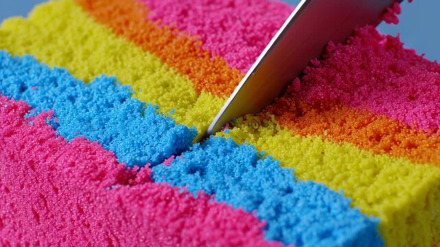 Top View of Sharp Knife Cutting Through Horizontal Rainbow Sand Stripes for ASMR Video.