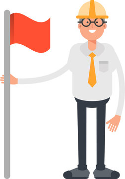 Architect Character Standing with Flag Pole
