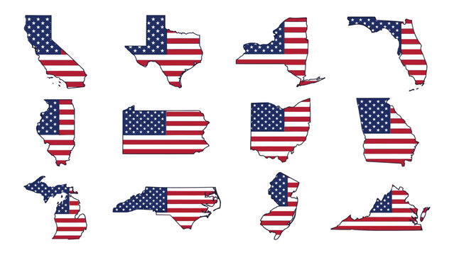 United States Map Designs Featuring American Flag Patterns Over Various State Shapes