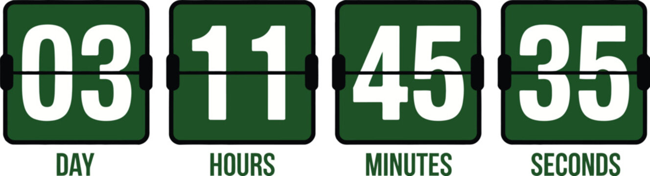 Green flip countdown timer, upcoming event template with days hours minutes seconds display for digital scheduling and event launch countdown design.