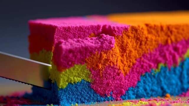 Macro ASMR Slicing of Rainbow Sand Layers with Sharp Knife in Slow Motion.
