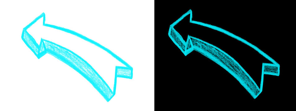 Neon Cyan Ribbon Arrow Pointing Left on White and Black Background