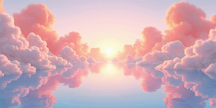 A beautiful abstract view of the bright sun through fluffy red cumulus clouds in a summer sky creates a fiery nature cloudscape with heavenly sunlight glowing through the atmosphere