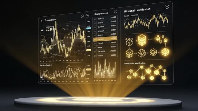 Futuristic Holographic Display of Financial Data and Blockchain Analytics.