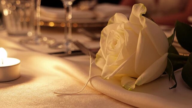 Elegant white rose centerpiece with glowing tea light candle on a formal dinner table setting, romantic atmosphere, soft focus background