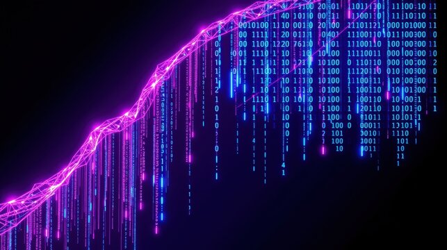 Digital rain, vibrant purple line ascends. Binary code cascades, creating futuristic visual effect. Data streams, technology concept.