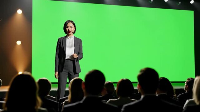 A confident Asian businesswoman delivers a dynamic presentation on a stage with a large green screen, engaging an audience.