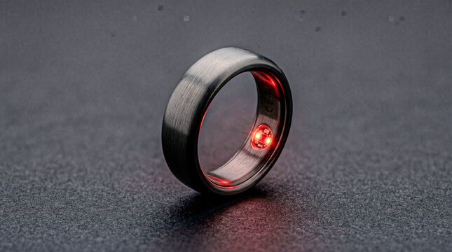 Minimal 3D titanium smart ring with glowing sensor on dark grey