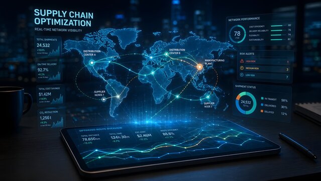 A futuristic global supply chain optimization graphic displayed on a tablet screen