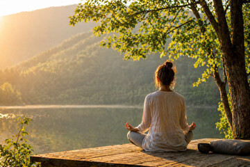 Fototapeta premium Woman meditating by peaceful lake at sunrise mindfulness yoga and mental wellness concept