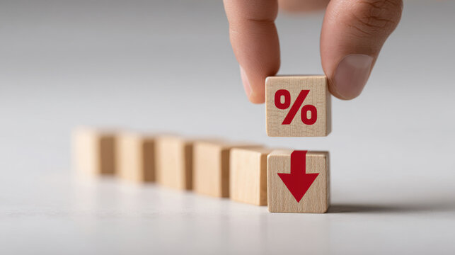 Hand holds wooden block with percentage symbol above blocks showing downward trend on flat surface in bright setting during day