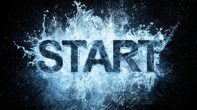 Start word formed by water splash with motion burst on blue dark background
