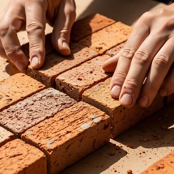 Worker hands laying red bricks for masonry construction project