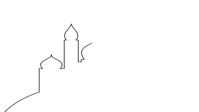 Continuous line mosque silhouette animation. One line Islamic architecture skyline on clean white background