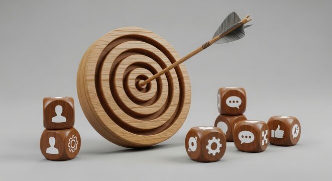 Cute cartoon character aiming dart at target with dice