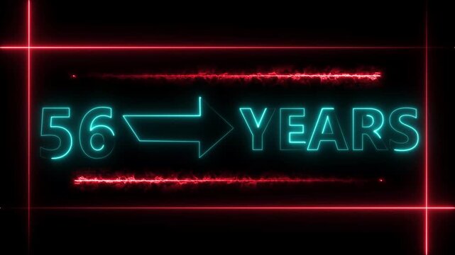 Abstract count 56 -years neon bright sign cyan color animation. Neon great celebrates year animation 4k video.