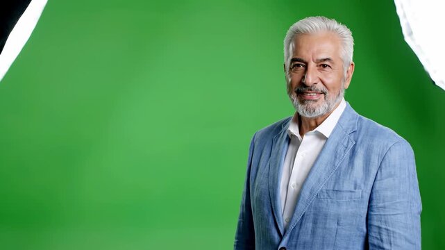 A confident senior man with gray hair and a beard smiles at the camera. Green screen footage for chroma key.