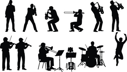 Musician silhouettes set featuring saxophone trumpet violin drummer band performance isolated vector illustration collection © Md