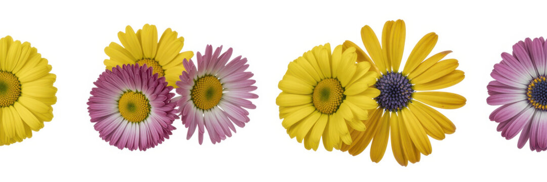 A collection of yellow and purple daisy flowers arranged together isolated on a white background