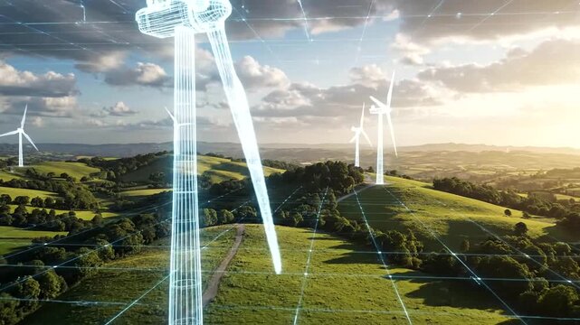 Wind turbines in green landscape with digital overlay.