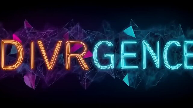 Neon-lit word "DIVERGENCE" over a dark, abstract, geometric background with peaks