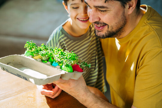 Father and son looking at Easter microgreens indoors