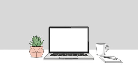 Fototapeta premium Minimalist Desk Setup with Laptop and Plant.