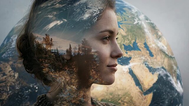 Woman's profile superimposed with Earth and forest, symbolizing connection to nature. A thoughtful woman's profile merges with the planet Earth and a dense forest