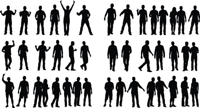 People silhouette collection set featuring standing walking posing male and female figures isolated on white background vector illustration